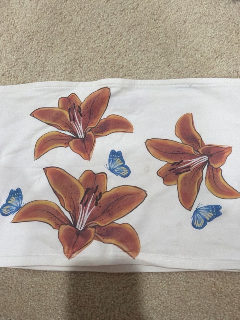 Edikted White Floral Tube Top with Orange Lilies and Blue Butterflies
